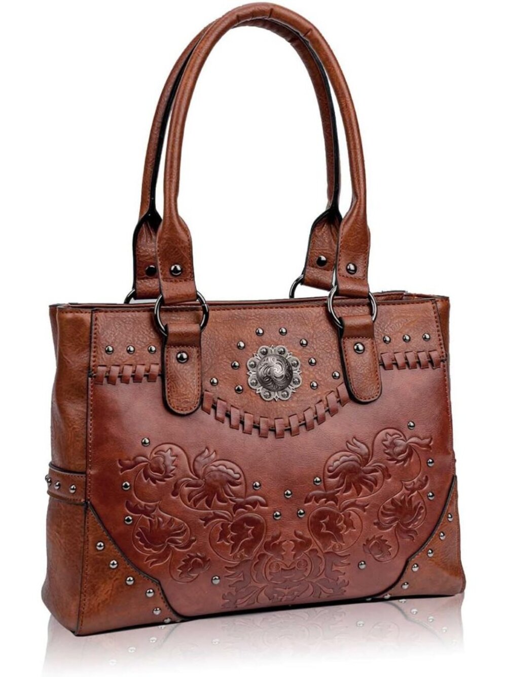 Large Vintage Western Tote Bag for Women - Embossed Concho Studs, Top Handle